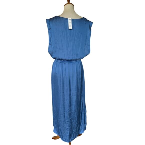 Chico's Dusty Blue Satin Maxi Dress MEDIUM Slip Tie Waist Party Resort $109 NEW - Picture 3 of 6